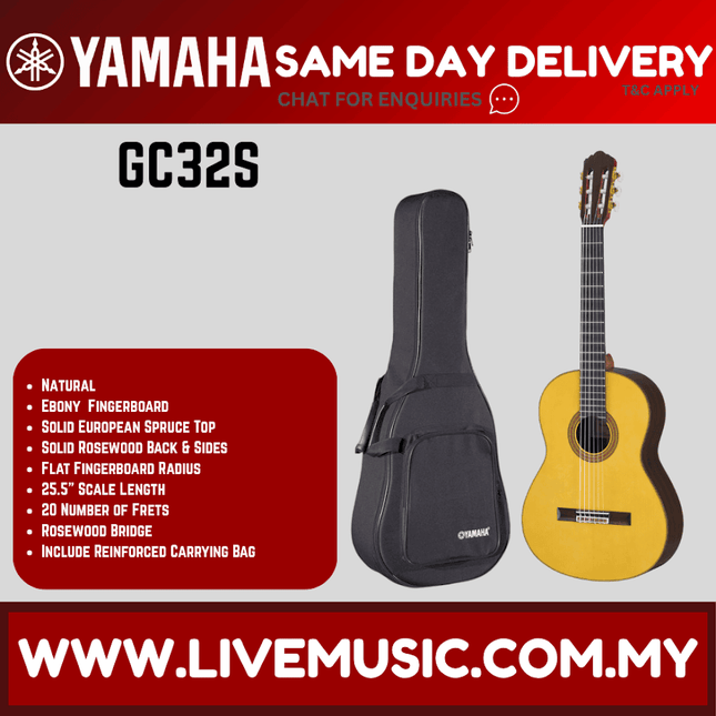 Yamaha GC32S classical guitar with black gig bag and natural wooden body