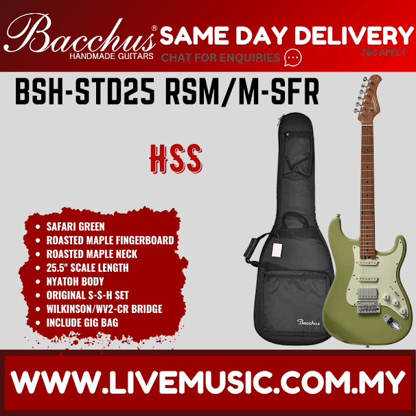 Safari green BACCHUS electric guitar with gig bag, roasted maple fingerboard