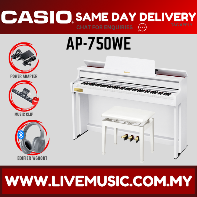 White Casio Celviano digital piano with built-in stand and matching bench.