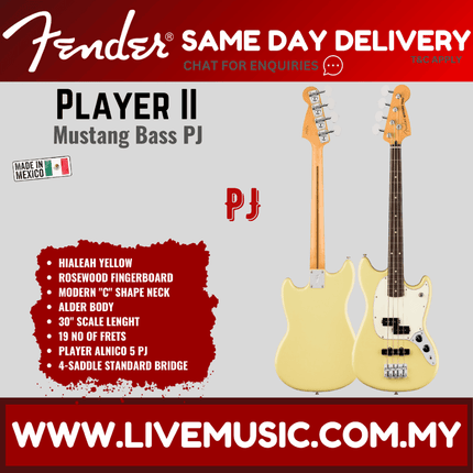 Fender Player II Mustang Bass PJ Guitar, RW FB, Hialeah Yellow