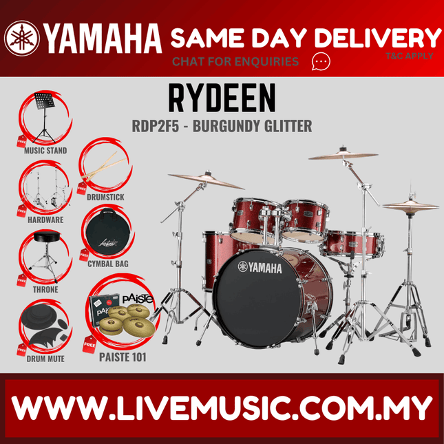 Yamaha Rydeen 5-piece RDP2F5 Acoustic Drum Set with Paiste 101 Brass Cymbal Set, Drum Mute, Drumsticks and Drum Stool ( RDP2F5 )