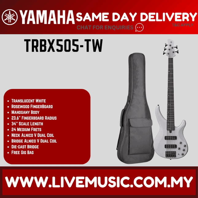 Yamaha TRBX505 5-string Electric Bass Guitar Package - Translucent White ( TRBX 505 / TRBX-505 )
