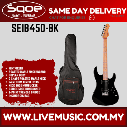 SQOE SEIB450 Double Cutaway Body HH Electric Guitar Roasted Maple Fretboard - Black ( SEIB 450 / SEIB-450 )