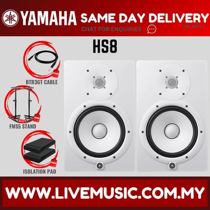 Pair of white Yamaha HS8 studio monitors with front woofer and tweeter