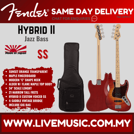 Fender Japan Hybrid II Jazz Bass Electric Guitar, Maple FB, Flame Sunset Orange