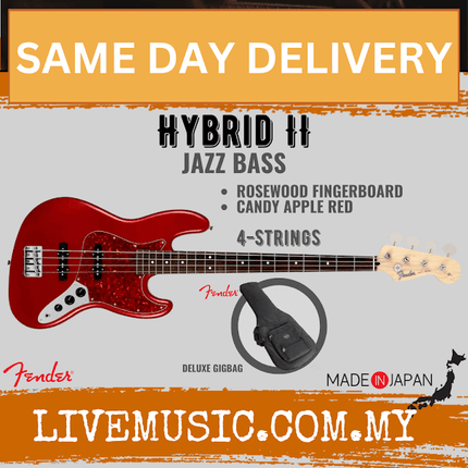 Fender Japan Hybrid II Jazz Bass Guitar, Rosewood Fretboard with Gig Bag - Candy Apple Red