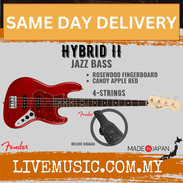 Fender Japan Hybrid II Jazz Bass Guitar, Rosewood Fretboard with Gig Bag - Candy Apple Red