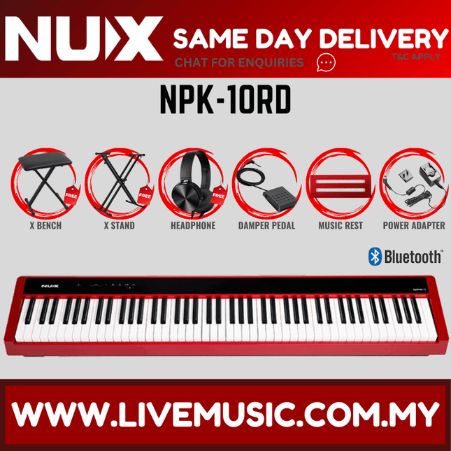 Red 88-key smart digital piano keyboard with control panel and NUX branding