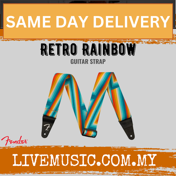 Fender retro rainbow guitar strap with black ends and adjustable leather-look patches