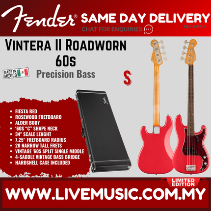 Fender Limited Edition Vintera II Roadworn 60s Precision Bass Guitar, RW FB, Fiesta Red