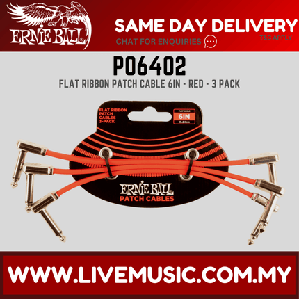 Ernie Ball 6402 Flat Ribbon Pedalboard Patch Cable, Right Angle to Right Angle, Red, 6-inch, 3-pack