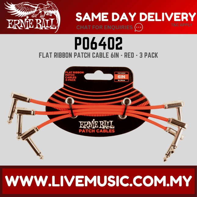 Ernie Ball 6402 Flat Ribbon Pedalboard Patch Cable, Right Angle to Right Angle, Red, 6-inch, 3-pack