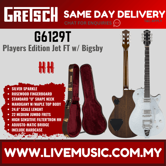 Gretsch G6129T Players Edition Jet FT Electric Guitar w/Bigsby, RW FB, Silver Sparkle