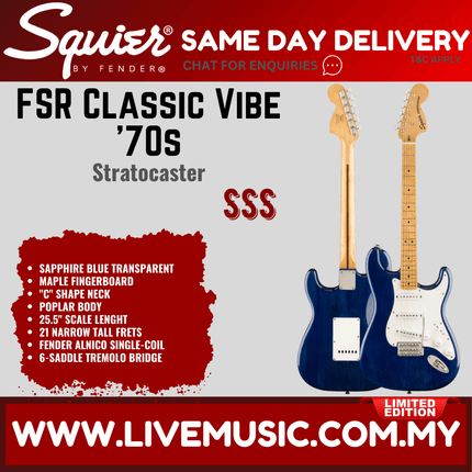 Squier FSR Classic Vibe 70s Stratocaster Electric Guitar, Maple FB, Sapphire Blue