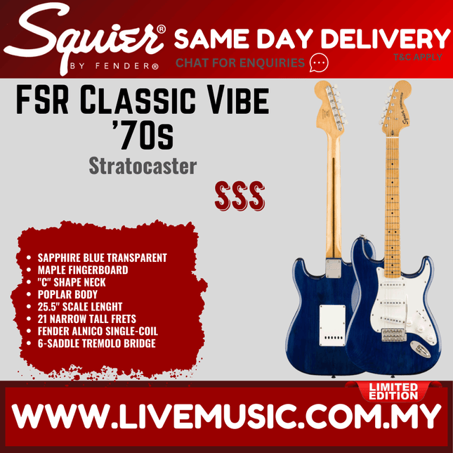 Squier FSR Classic Vibe 70s Stratocaster Electric Guitar, Maple FB, Sapphire Blue