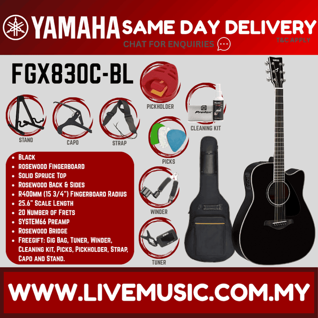 Yamaha FGX830C Dreadnought Cutaway Acoustic-Electric Guitar - Natural / Black ( FGX-830C-BK / FGX830C-NT )