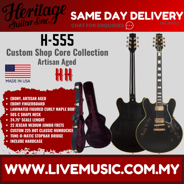Heritage Custom Shop Core Collection H-555 Electric Guitar, Ebony,  Artisan Aged ( H555 / H 555 )
