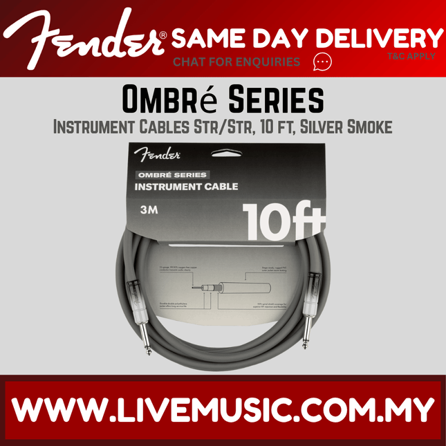 Fender Ombre Series Instrument Cable, 10 ft Straight/Straight, Silver Smoke