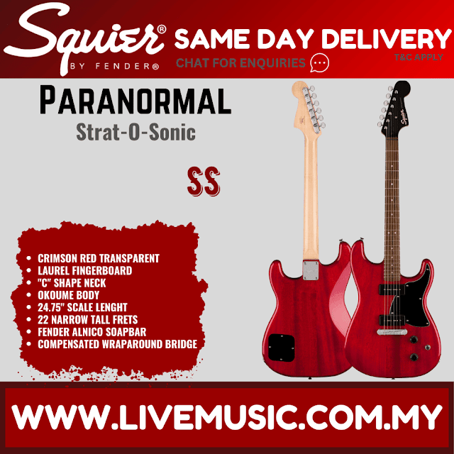 Squier Paranormal Strat-O-Sonic Electric Guitar, Laurel FB, Crimson Red Transparent