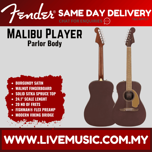 Burgundy satin small-bodied acoustic guitar with walnut fingerboard and solid wood top