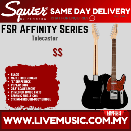 Squier FSR Affinity Series Telecaster Electric Guitar w/Tortoiseshell Pickguard, Laurel FB, Black