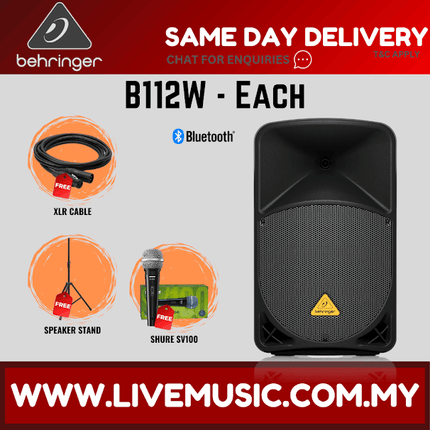 Behringer Eurolive B112W 1000W 12" Powered Speaker w/Wireless Mic,Speaker Stand & Cable - Each / Pair (B-112W B 112W)