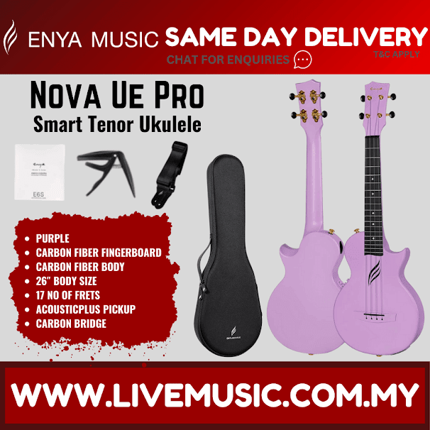 Purple tenor ukulele with carbon-fiber fingerboard and tuning headstock