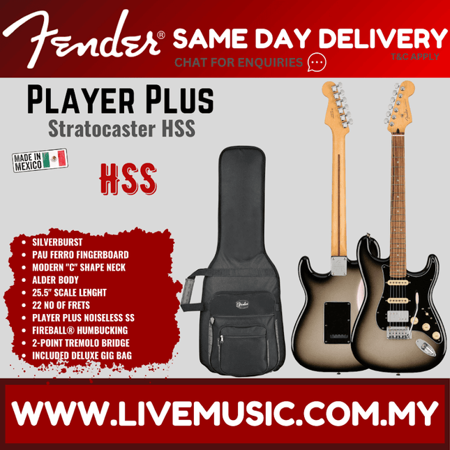 Fender Player Plus HSS Stratocaster Electric Guitar, Pau Ferro Fretboard - Silverburst