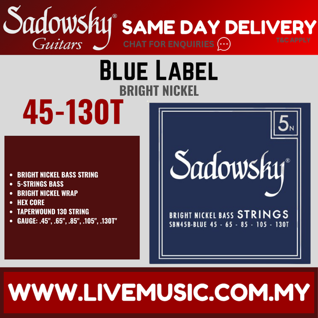 Sadowsky Blue Label Nickel 5-String Bass String Set, 045-130