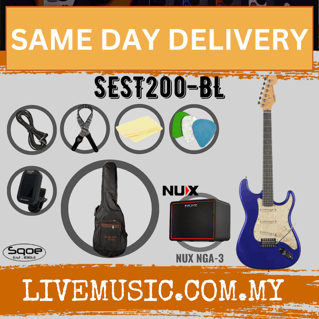 SQOE SEST200 Stratocaster SSS 6-String Electric Guitar with NUX Mighty Lite - Blue ( SEST 200 / SEST-200 / NGA-3 / NGA3 )