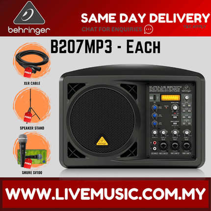 Behringer Eurolive B207MP3 150W 6.5" Personal PA/Monitor Speaker w/Wireless Mic, Speaker Stand and Cable - Pair ( B-207MP3 / B 207MP3 )
