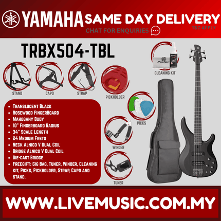 Yamaha TRBX504 4-string Electric Bass Guitar - Translucent Black ( TRBX 504 / TRBX-504 )