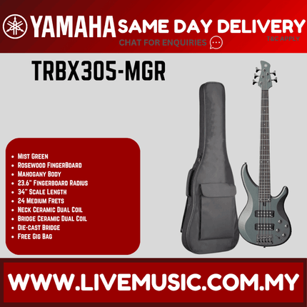 Yamaha TRBX305 5-string Electric Bass Guitar Package - Mist Green ( TRBX 305 / TRBX-305 )