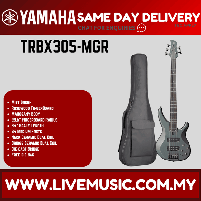 Yamaha TRBX305 5-string Electric Bass Guitar Package - Mist Green ( TRBX 305 / TRBX-305 )