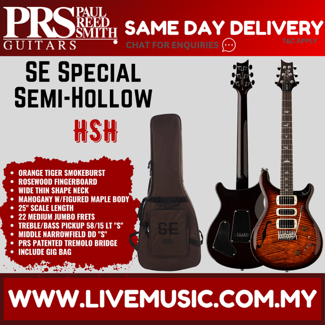 PRS SE Special Semi-Hollow Electric Guitar, Orange Tiger Smokeburst