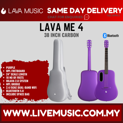 Lava Me 4 38" Carbon Fiber Smart Acoustic Electric Guitar With Touchscreen Effects And Space Bag- Purple
