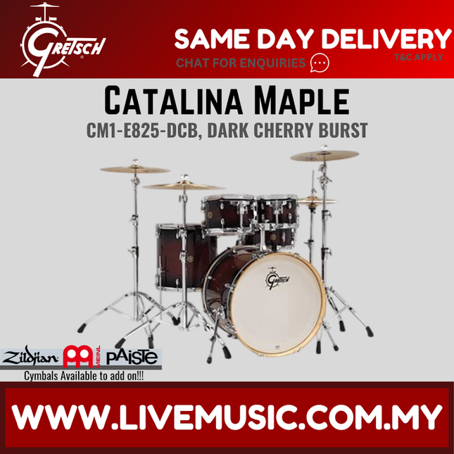 Gretsch Catalina Maple 5-piece drum shell kit with dark cherry burst shells and chrome hardware