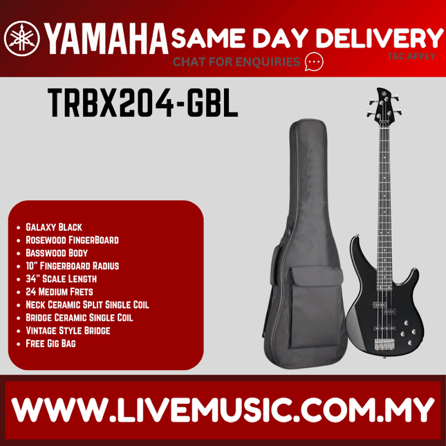 Yamaha TRBX204-4-string Electric Bass Guitar Package - Galaxy Black ( TRBX 204 / TRBX-204 )