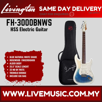 Livingston FH-3000-PACK Stratocaster HSS Electric Guitar w/GA15II Amplifier, Roasted Maple Fretboard -BlueNaturalWhiteShad ( FH3000 FH 3000 )
