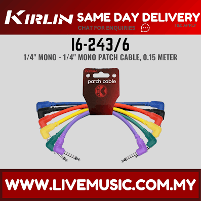 Kirlin I6-243 /6 6 Inch Colorful Patch Cable Right Angle L Mono Plug For Electric Guitar Effect Pedal - 6 Pack (I6 243/6  I6243/6)