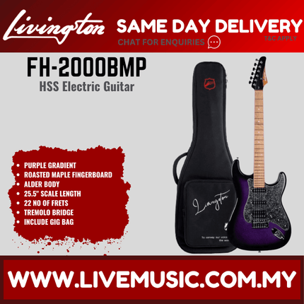 Livingston FH-2000-Pack Stratocaster HSS Electric Guitar w/GA15II Amplifier, Roasted Maple Fretboard - Purple ( FH2000 FH 2000 )
