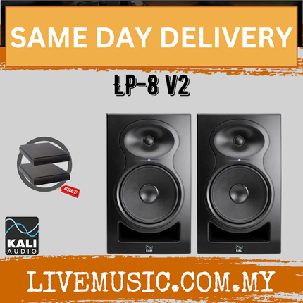 Studio monitor speaker pair in black, showing 8-inch woofer and tweeter front grilles