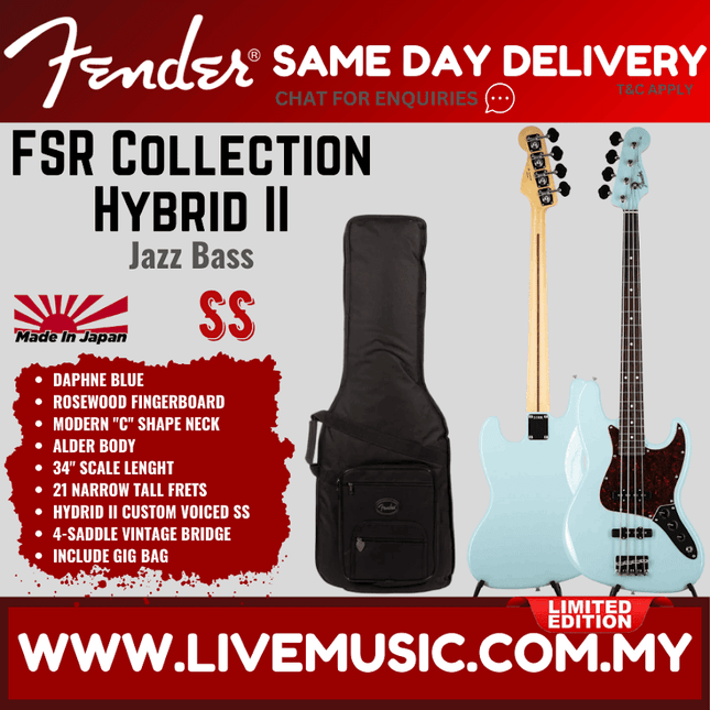 Daphne Blue hybrid II jazz bass with rosewood fingerboard, gig bag