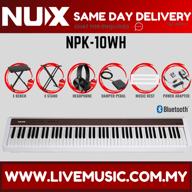White Nux smart digital piano with 88 keys and front control panel
