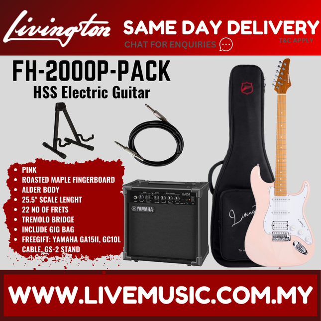 Pink HSS electric guitar set with roasted maple fretboard, amp and cables