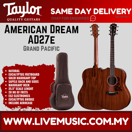 Taylor American Dream AD27e Grand Pacific Mahogany Acoustic Guitar with AeroCase - Natural (AD-27e/AD 27e)
