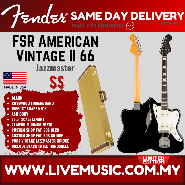 Fender FSR American Vintage II 66 Jazzmaster Electric Guitar, RW FB, Black