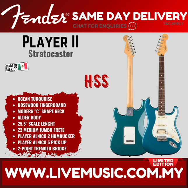 Fender Limited Edition Player II Stratocaster HSS Electric Guitar, RW FB, Ocean Turquoise