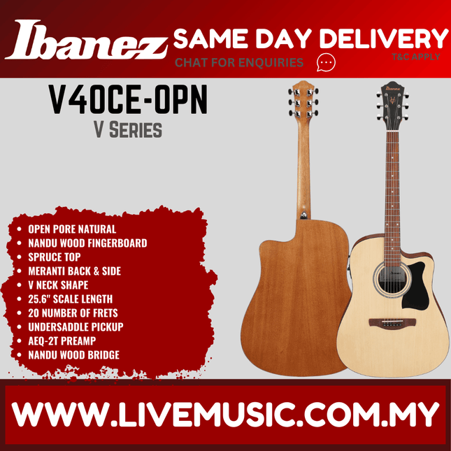 Ibanez V40CE-OPN V Series Acoustic Electric Guitar, Open Pore Natural ( V40CE OPN / V40CEOPN )
