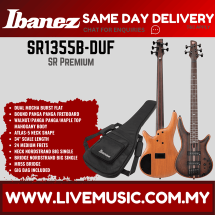 Ibanez Premium SR1355B-DUF 5-String Electric Bass Guitar w/Gig Bag, Dual Mocha Burst Flat ( SR1355B DUF / SR1355BDUF )
